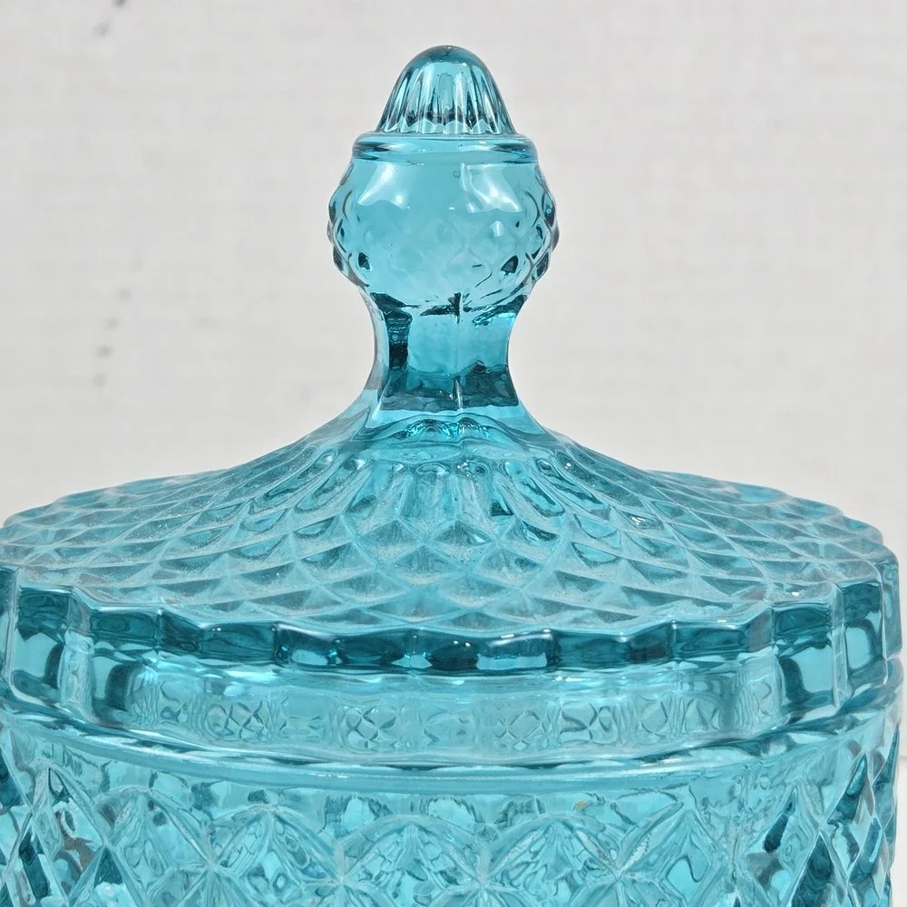 Vtg Style Teal Blue Diamond Cut Lidded Glass Vanity Jar w Tassel 6.5x4